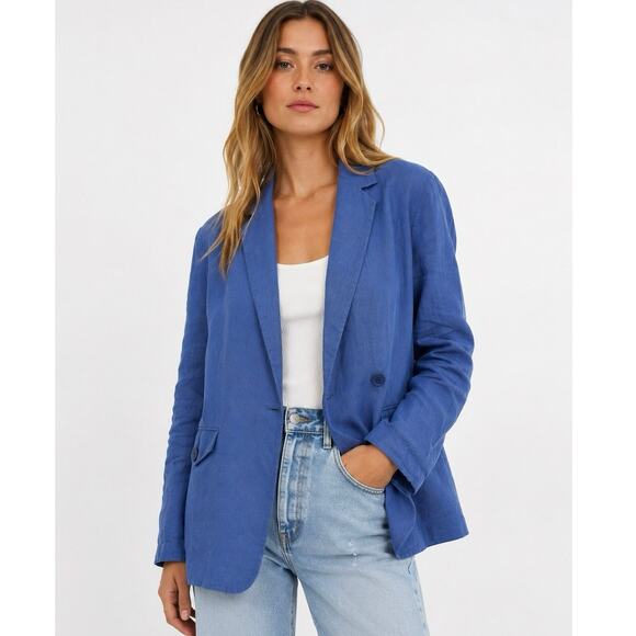 Madewell Jackets & Blazers - Madewell Blue Linen XS Double-Breasted Oversized Blazer Jacket